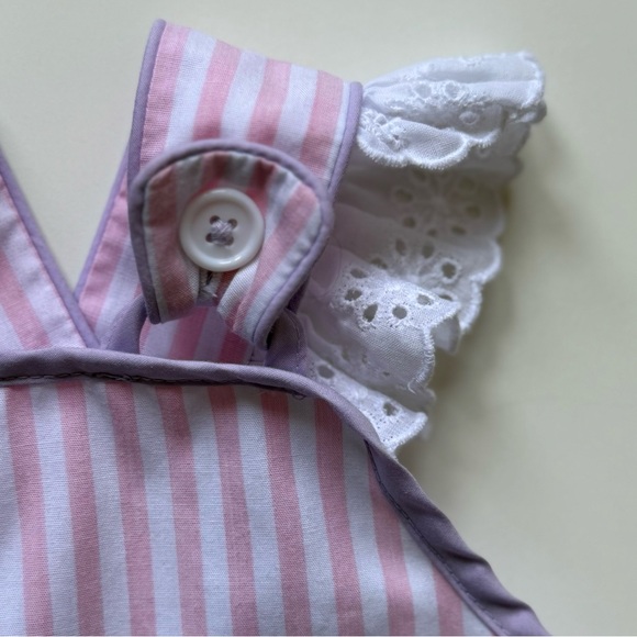 Beaufort Bonnet Co. Girls Saylor Sunsuit, Pink & White Stripe with Lavender Trim - Picture 5 of 15